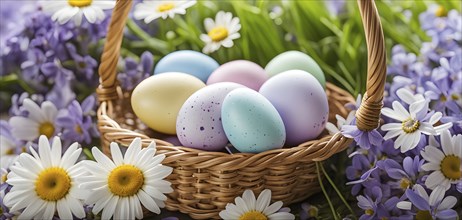 Pastel-colored Easter eggs in a wicker basket, surrounded by delicate spring flowers like daisies