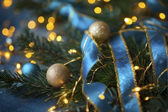 Christmas garland with gold and blue ribbons intertwined with pine needles and tiny twinkling