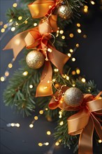 Christmas garland with gold and orange ribbons intertwined with pine needles and tiny twinkling