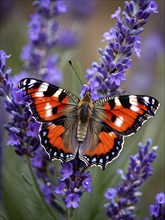 Butterfly resting on a blooming lavender plant, with its delicate wings fully spread and fine