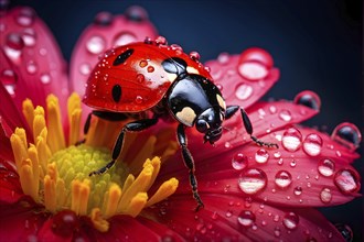 Ladybug crawling on a wet flower petal, with rain droplets, AI generated