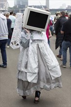 Costumed woman wearing computer screen as head, cosplay at the Japantag Düsseldorf, Düsseldorf,