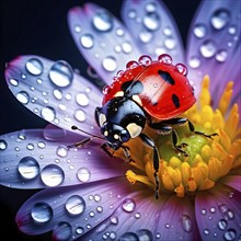 Ladybug crawling on a wet flower petal, with rain droplets, AI generated