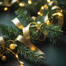 Christmas garland with golden ribbons intertwined with pine needles and tiny twinkling lights,