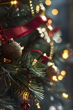 Christmas garland with gold and red ribbons intertwined with pine needles and tiny twinkling