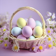 Pastel-colored Easter eggs in a wicker basket, surrounded by delicate spring flowers like daisies