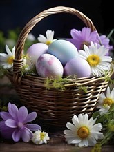 Pastel-colored Easter eggs in a wicker basket, surrounded by delicate spring flowers like daisies