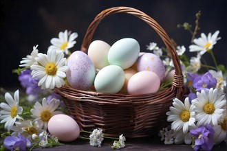 Pastel-colored Easter eggs in a wicker basket, surrounded by delicate spring flowers like daisies