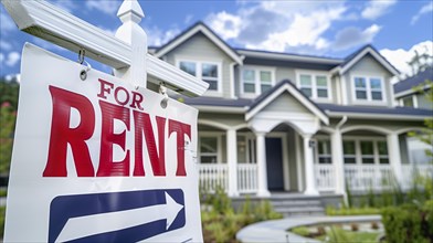 Home for rent real estate sign in front of house. generative AI, AI generated