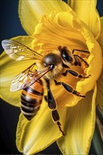 Honeybee collecting nectar from a vibrant yellow daffodil, showing intricate details of the flower