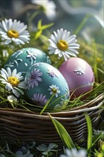 Pastel-colored Easter eggs in a wicker basket, surrounded by delicate spring flowers like daisies