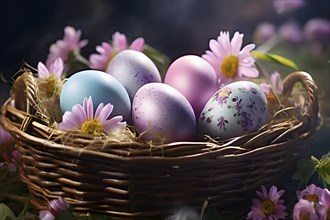 Pastel-colored Easter eggs in a wicker basket, surrounded by delicate spring flowers like daisies