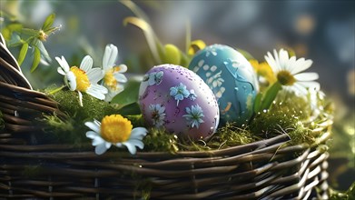 Pastel-colored Easter eggs in a wicker basket, surrounded by delicate spring flowers like daisies