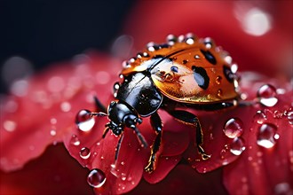 Ladybug crawling on a wet flower petal, with rain droplets, AI generated