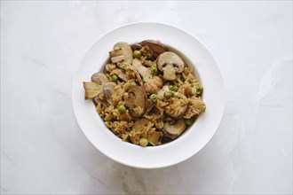 Overhead view of a plate with rice with pork and champignon mushrooms