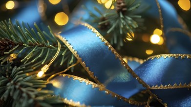 Christmas garland with gold and blue ribbons intertwined with pine needles and tiny twinkling