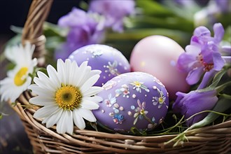 Pastel-colored Easter eggs in a wicker basket, surrounded by delicate spring flowers like daisies