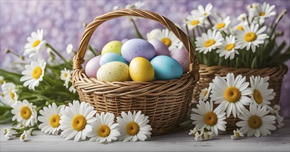 Pastel-colored Easter eggs in a wicker basket, surrounded by delicate spring flowers like daisies