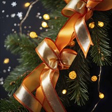 Christmas garland with gold and orange ribbons intertwined with pine needles and tiny twinkling