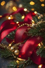 Christmas garland with gold and red ribbons intertwined with pine needles and tiny twinkling