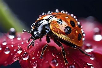 Ladybug crawling on a wet flower petal, with rain droplets, AI generated