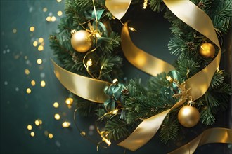 Christmas garland with golden ribbons intertwined with pine needles and tiny twinkling lights,