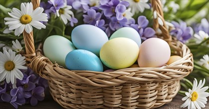 Pastel-colored Easter eggs in a wicker basket, surrounded by delicate spring flowers like daisies