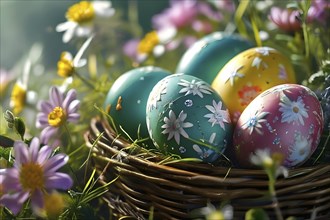 Pastel-colored Easter eggs in a wicker basket, surrounded by delicate spring flowers like daisies