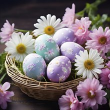 Pastel-colored Easter eggs in a wicker basket, surrounded by delicate spring flowers like daisies