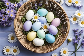 Pastel-colored Easter eggs in a wicker basket, surrounded by delicate spring flowers like daisies