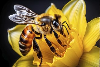 Honeybee collecting nectar from a vibrant yellow daffodil, showing intricate details of the flower