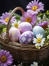 Pastel-colored Easter eggs in a wicker basket, surrounded by delicate spring flowers like daisies