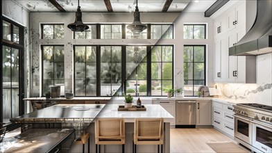 Before and after of A run down old and dirty kitchen to a remodeled contemporary kitchen, AI