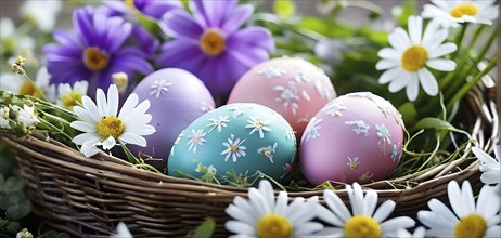 Pastel-colored Easter eggs in a wicker basket, surrounded by delicate spring flowers like daisies