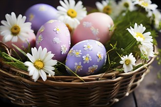 Pastel-colored Easter eggs in a wicker basket, surrounded by delicate spring flowers like daisies