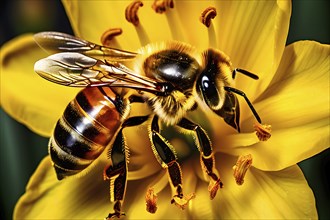 Honeybee collecting nectar from a vibrant yellow daffodil, showing intricate details of the flower