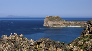 Cliffs and blue sea under a clear sky, Venetian Sea Fortress, Gramvoussa, Gramvoussa Peninsula,