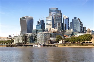 Modern skyline with tall glass buildings along the River Thames and trees in the foreground,