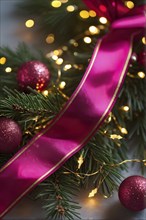 Christmas garland with gold and magenta ribbons intertwined with pine needles and tiny twinkling