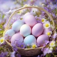 Pastel-colored Easter eggs in a wicker basket, surrounded by delicate spring flowers like daisies