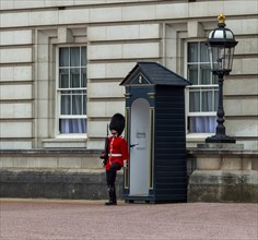 A guard in red uniform stands in front of a sentry box next to a lantern at Buckingham Palace,