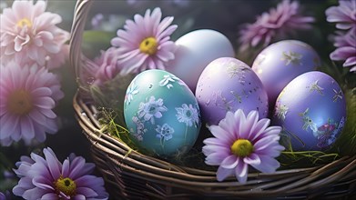 Pastel-colored Easter eggs in a wicker basket, surrounded by delicate spring flowers like daisies