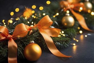 Christmas garland with gold and orange ribbons intertwined with pine needles and tiny twinkling