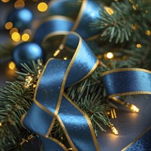 Christmas garland with gold and blue ribbons intertwined with pine needles and tiny twinkling