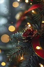 Christmas garland with gold and red ribbons intertwined with pine needles and tiny twinkling