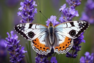 Butterfly resting on a blooming lavender plant, with its delicate wings fully spread and fine