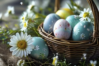 Pastel-colored Easter eggs in a wicker basket, surrounded by delicate spring flowers like daisies