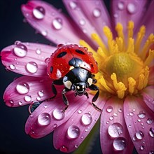 Ladybug crawling on a wet flower petal, with rain droplets, AI generated