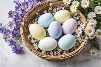 Pastel-colored Easter eggs in a wicker basket, surrounded by delicate spring flowers like daisies