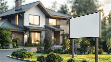 Blank real estate sign ready for your message in front of house. generative AI, AI generated